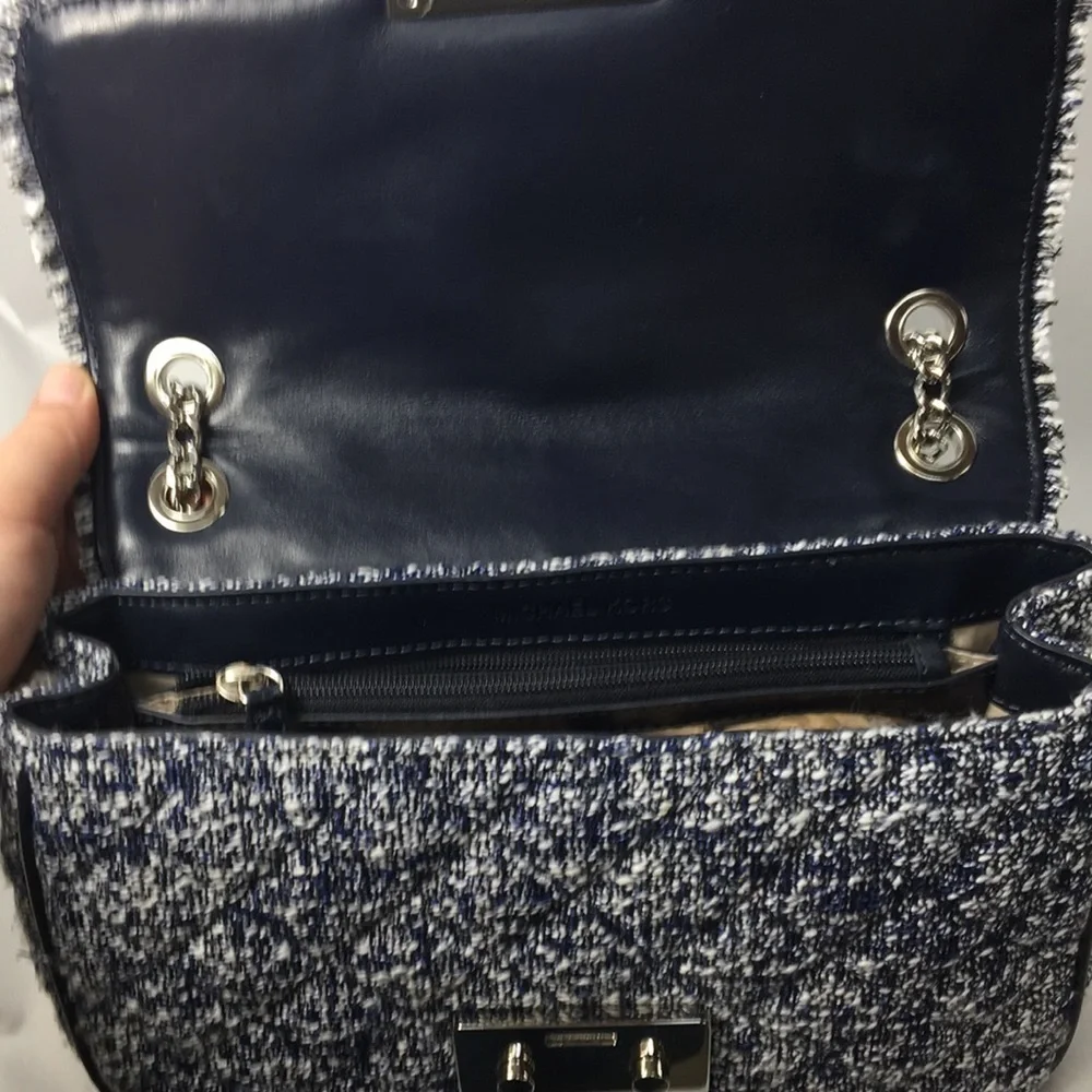 Michael Kors Navy Blue and White Tweed Flap Bag Crossbody Purse Like-NEW